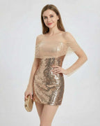 Champagne Mini Dress by Lauven — Off-the-shoulder sequin mini dress with sheer long sleeves in a luminous champagne tone.