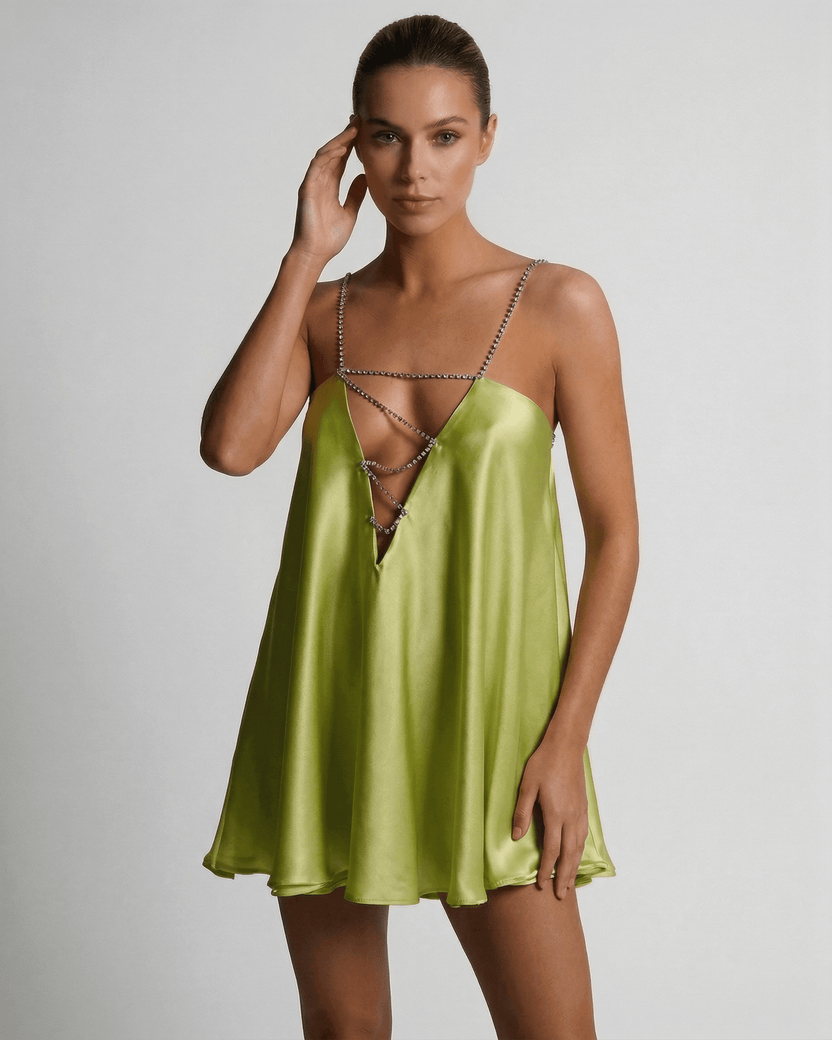 Lauven Chartreuse Mini Dress featuring a sleek A-Line silhouette and V-neckline, perfect for a bold statement.