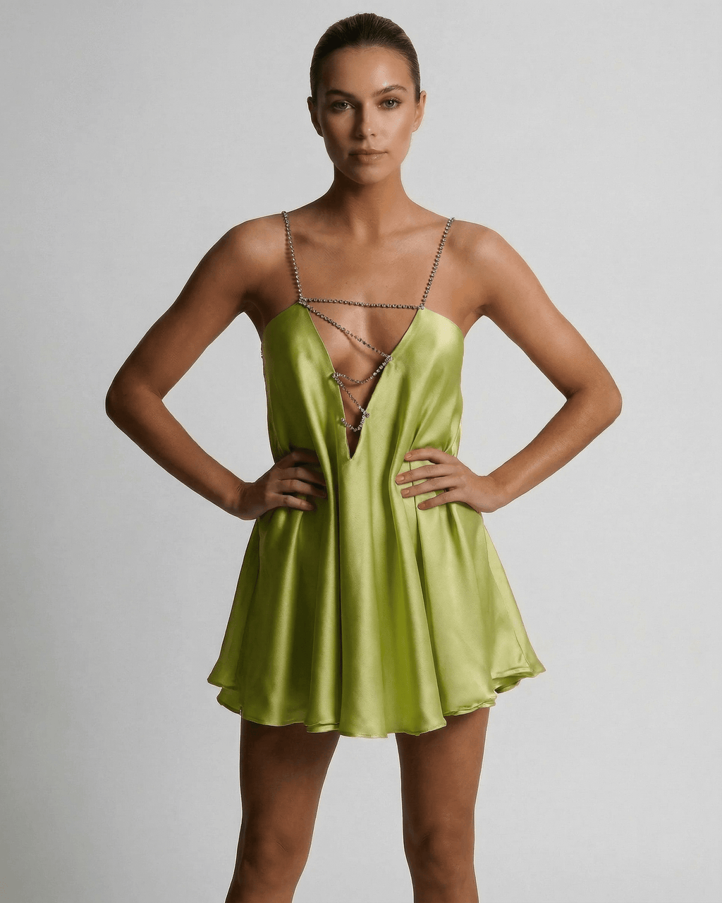 Chartreuse Mini Dress by Lauven featuring a sleek A-Line silhouette and V-neckline in silky fabric.