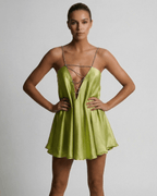 Chartreuse Mini Dress by Lauven featuring a sleek A-Line silhouette and V-neckline in silky fabric.