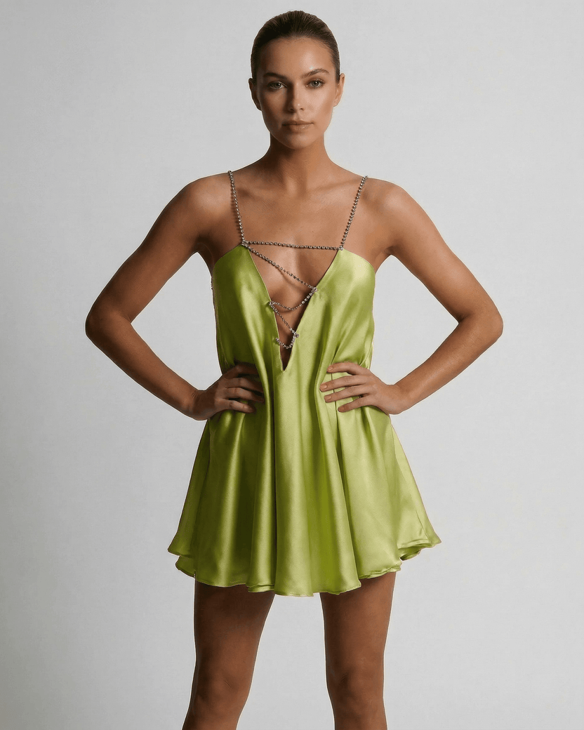 Chartreuse Mini Dress by Lauven featuring a sleek A-Line silhouette and V-neckline in silky fabric.
