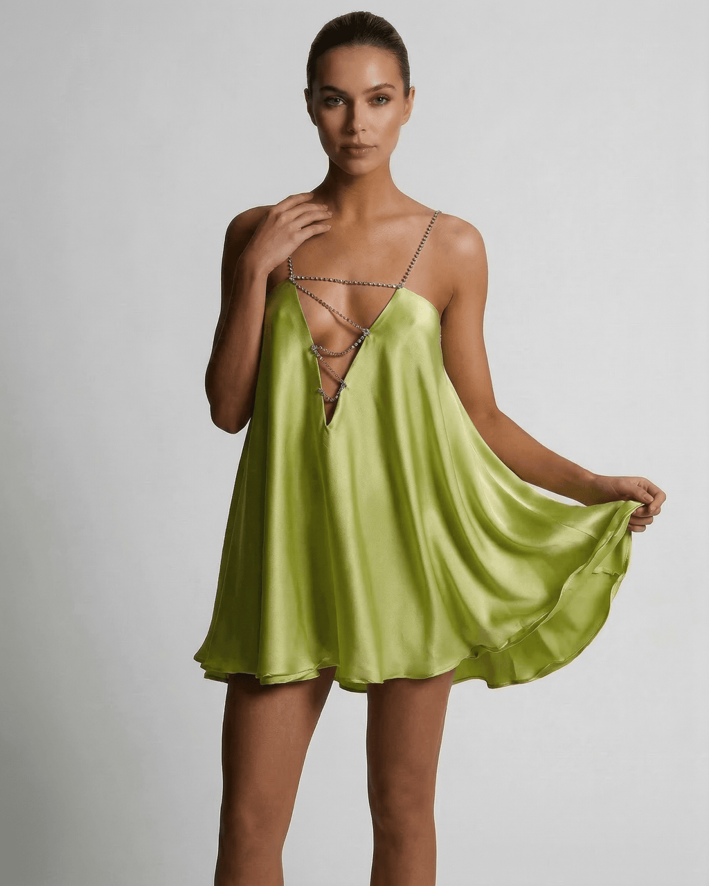 Chartreuse Mini Dress by Lauven, featuring a sleek A-line silhouette and V-neckline in a luxurious silky fabric.