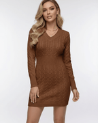 Lauven Chestnut Mini Dress in rich brown, featuring a V-neck, cable knit texture, and elastic waist.