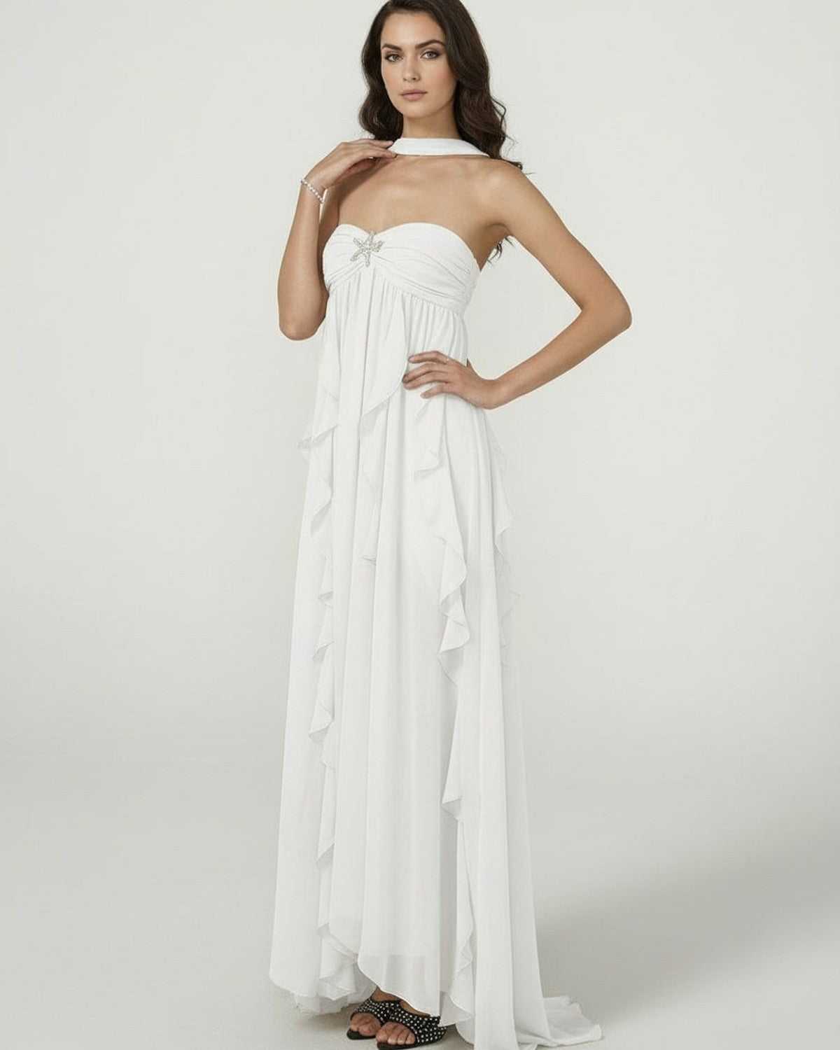Clariona Maxi Dress by Lauven featuring a flowing strapless ankle-length gown with elegant ruffle detail.