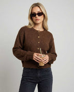 Cocoa Cardigan by Lauven, button-front knit cardigan in brown, featuring a relaxed fit and long sleeves.