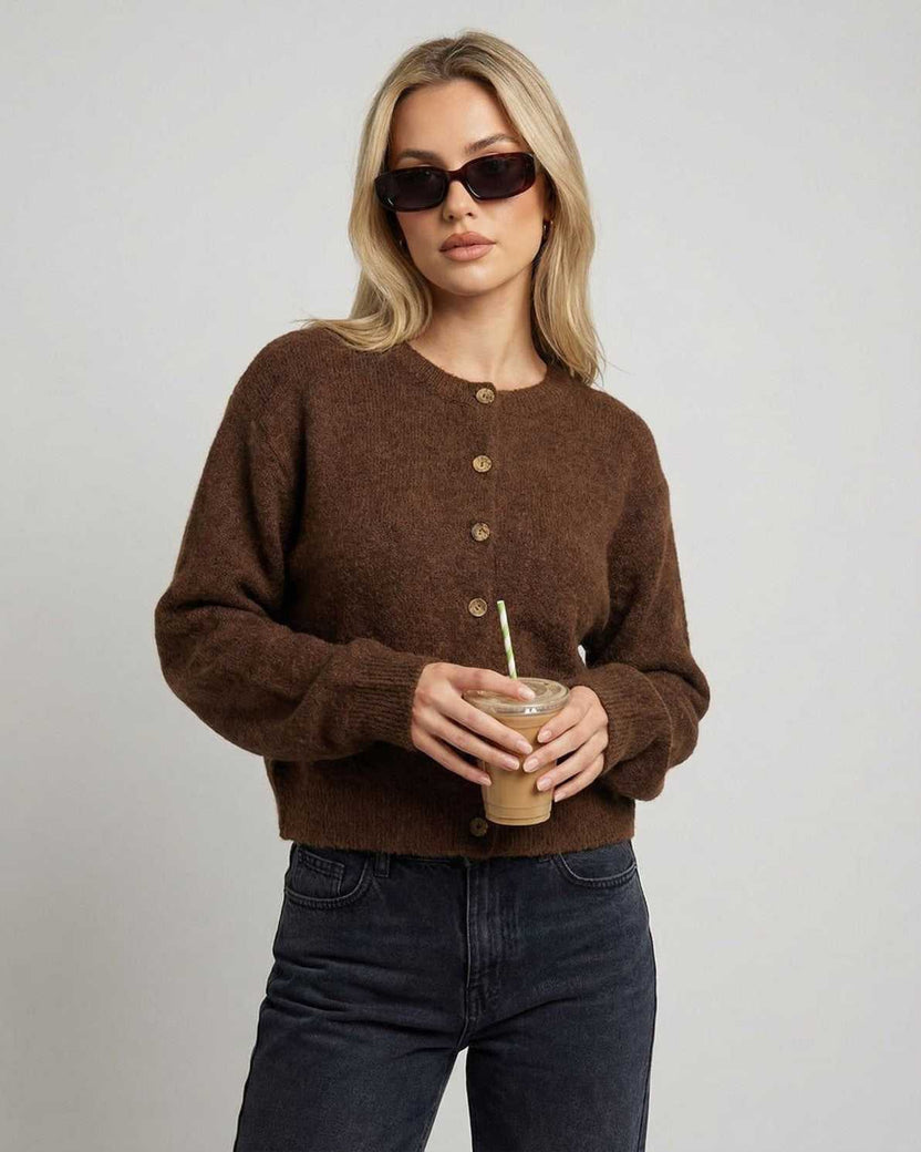Cocoa Cardigan by Lauven, button-front knit cardigan in brown, featuring a relaxed fit and long sleeves.