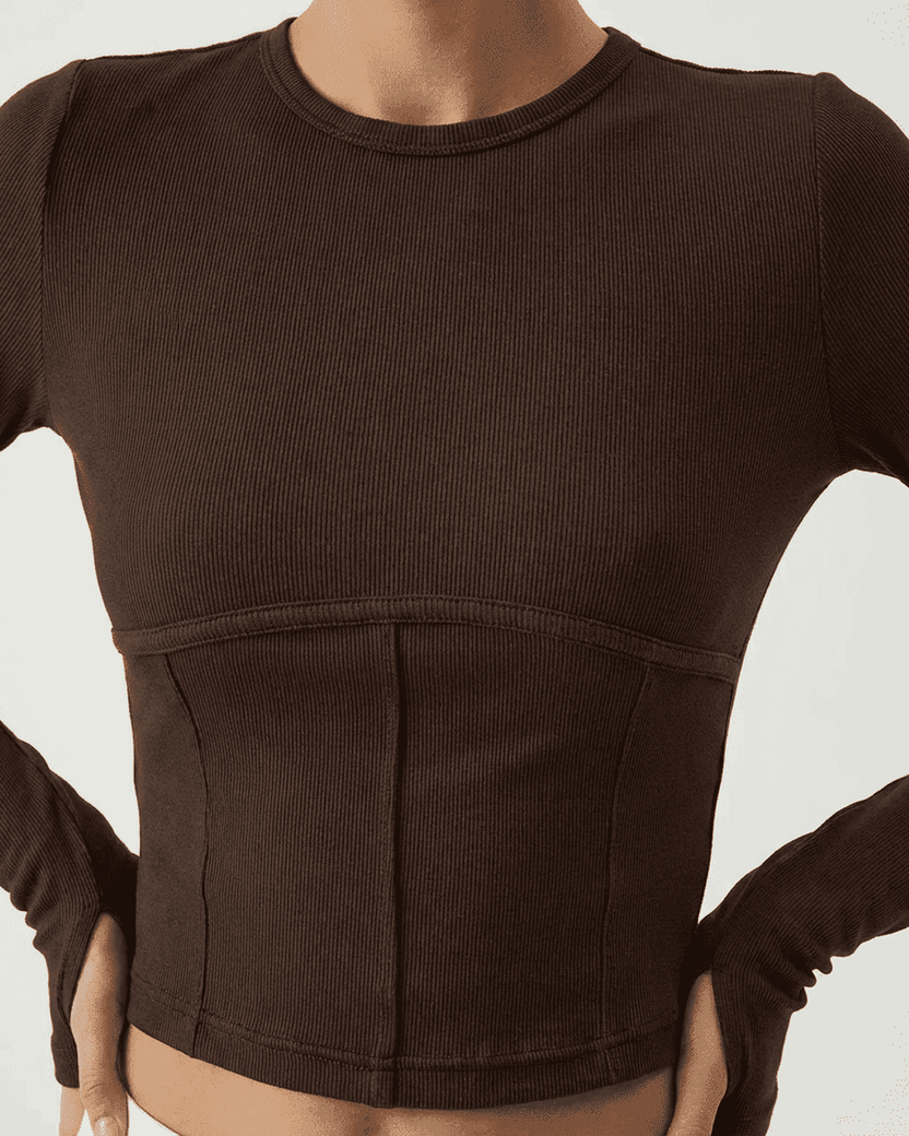 Cocoa Corset Top by Lauven, long sleeve jersey corset crop top showcasing a stylish, structured design.