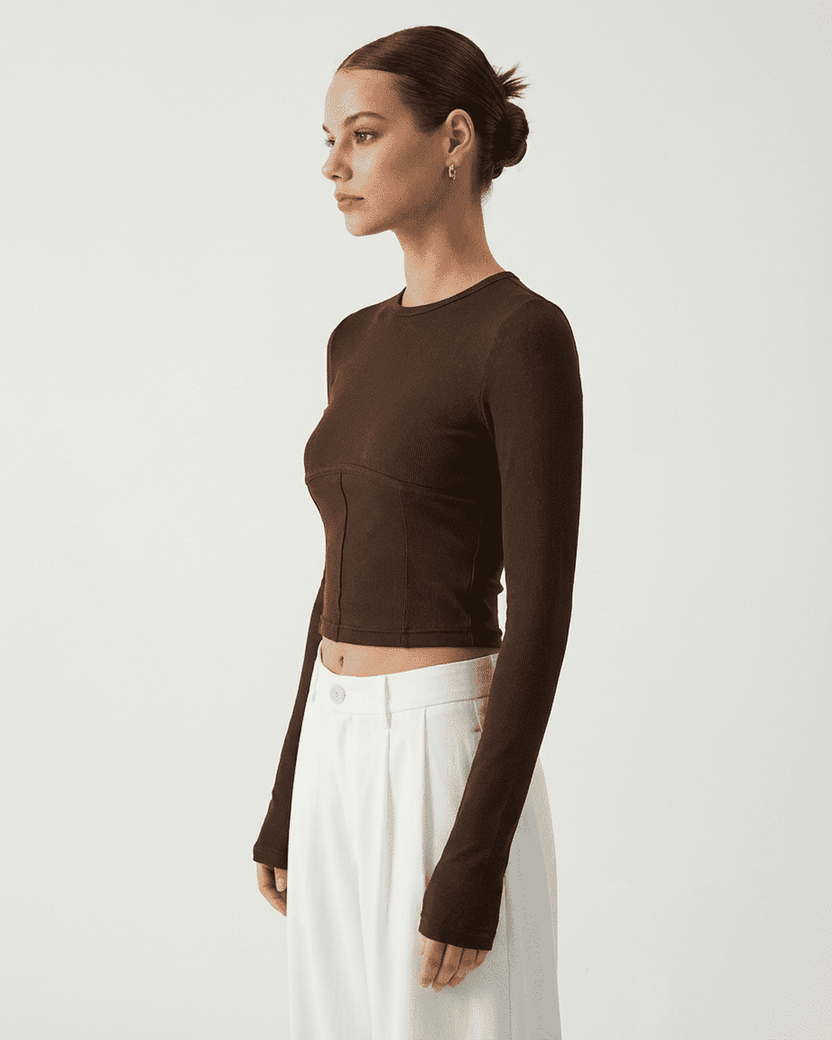 Cocoa Corset Top by Lauven - Long sleeve jersey corset crop in rich cocoa color, perfect for refined styling.