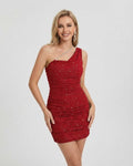 Lauven Crimson Mini Dress featuring an asymmetrical one-shoulder design and sequin detailing, perfect for elegant occasions.