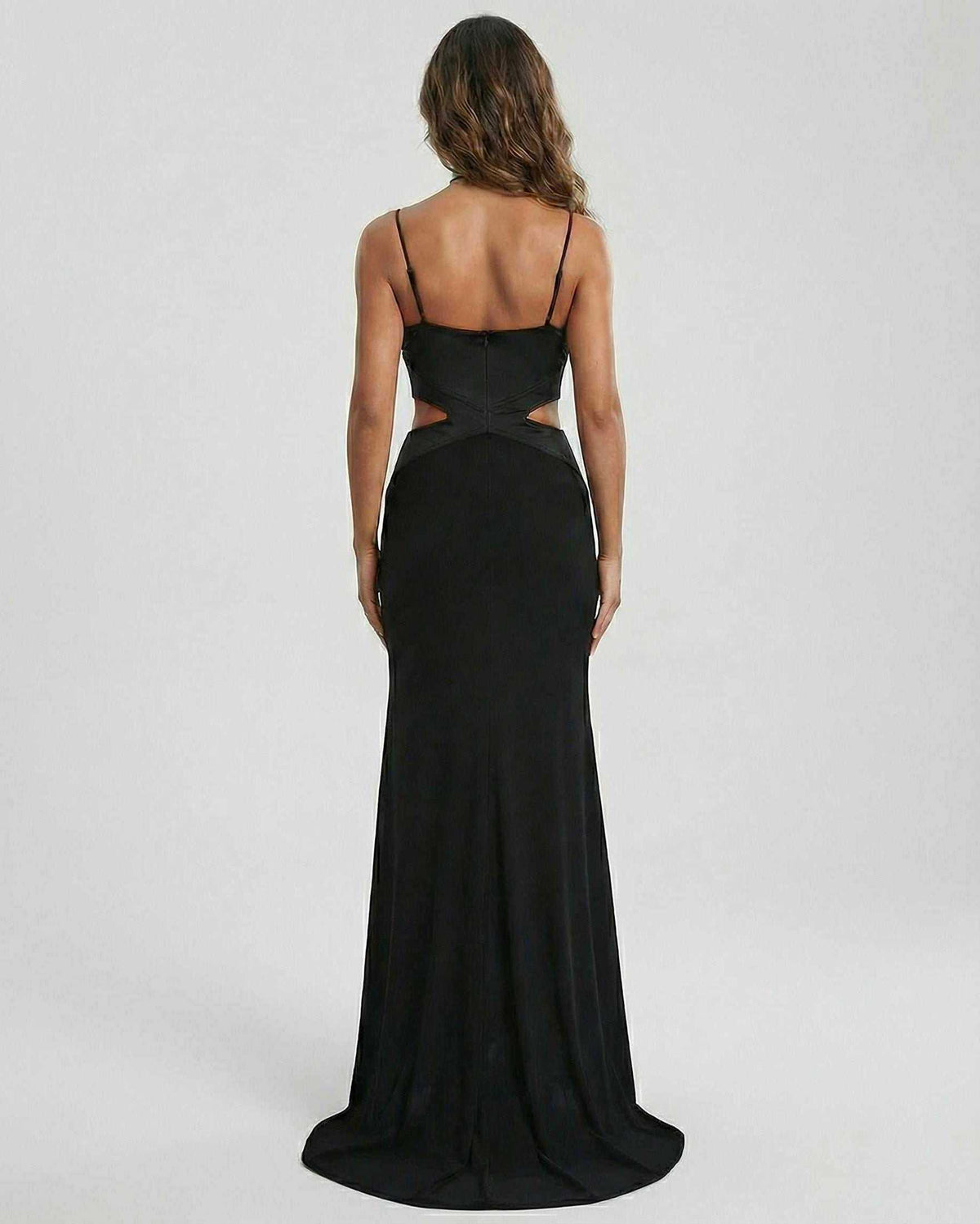 Eclipse Maxi Dress by Lauven, featuring a sleek back view with cutout accents and elegant silhouette.