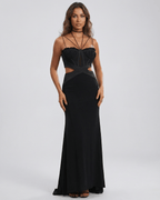 Eclipse Maxi Dress by Lauven - Black strapless cutout design with spaghetti straps and sculptural seam detailing.