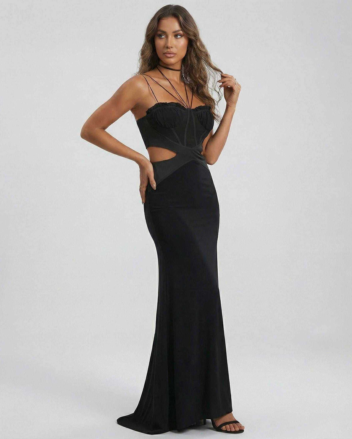 Eclipse Maxi Dress by Lauven - Black strapless cutout maxi dress featuring sculptural seams and spaghetti straps.