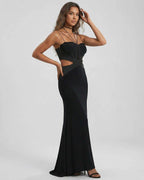 Eclipse Maxi Dress by Lauven, black strapless cutout maxi dress showcasing a sleek modern silhouette and elegant design.