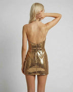Eestella Mini Dress by Lauven, showcasing shimmering gold sequins and a sleek silhouette, perfect for evening wear.
