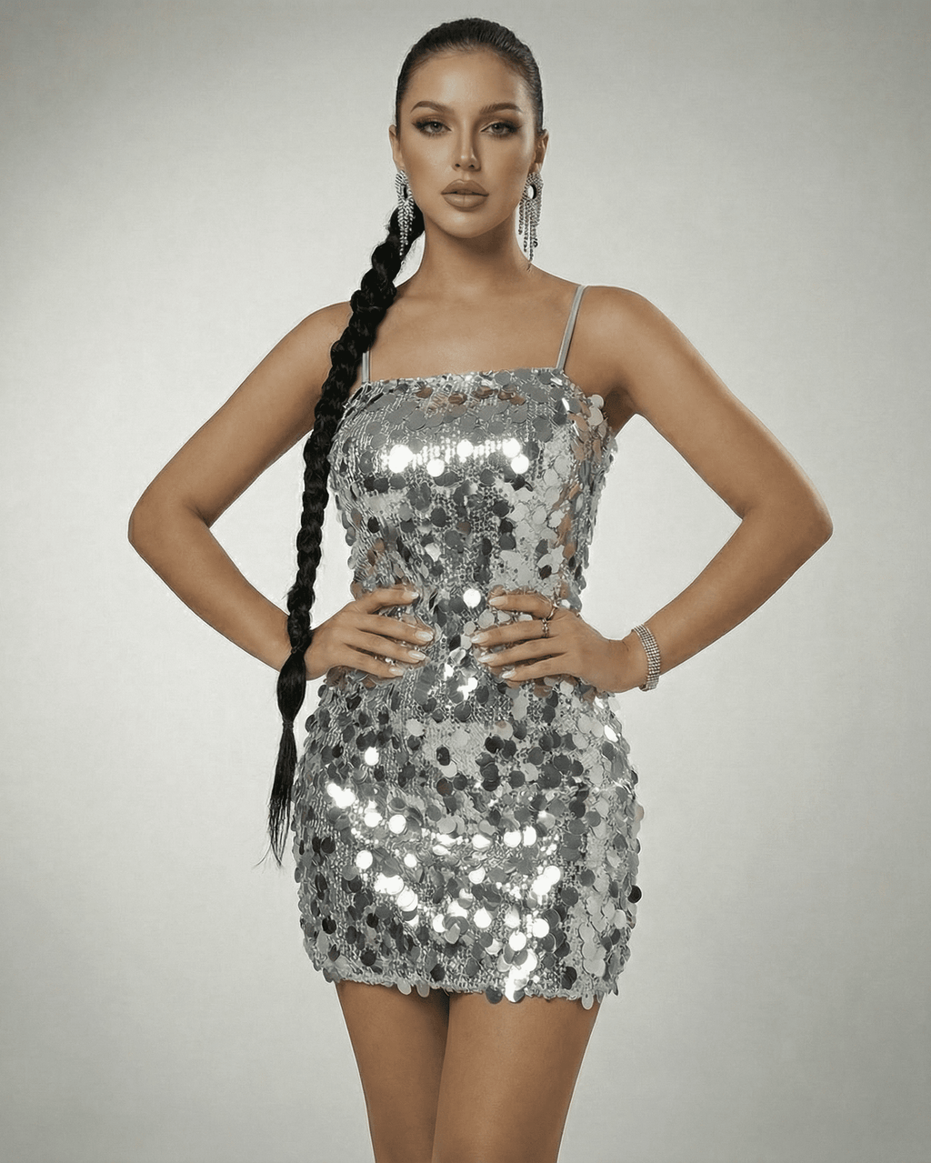 Eestella Mini Dress by Lauven - Silver Sequin Off-The-Shoulder Mini Dress with High Waist, Sleeveless and Luminous Finish.