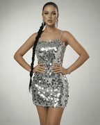 Eestella Mini Dress by Lauven - Silver Sequin Off-The-Shoulder Mini Dress with High Waist, Sleeveless and Luminous Finish.