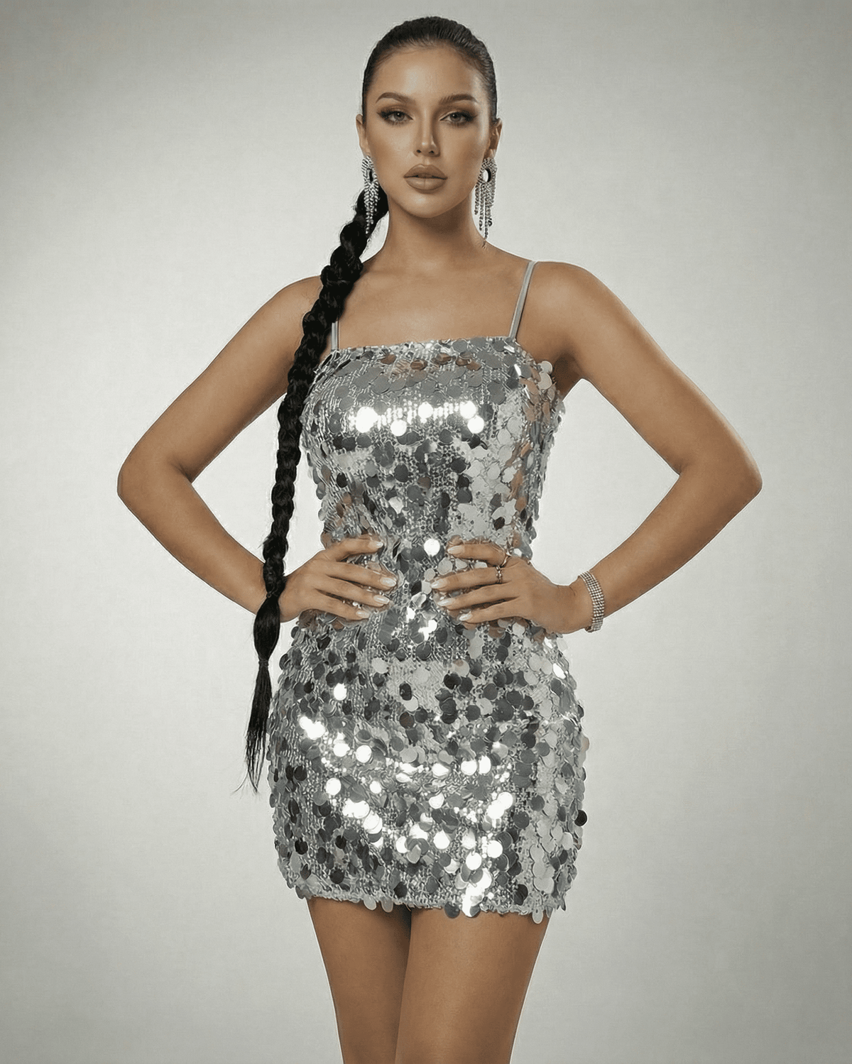 Eestella Mini Dress by Lauven - Silver Sequin Off-The-Shoulder Mini Dress with High Waist, Sleeveless and Luminous Finish.