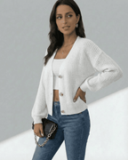 Elara Cardigan by Lauven on a model, featuring lightweight knitwear and a stylish button-front design.