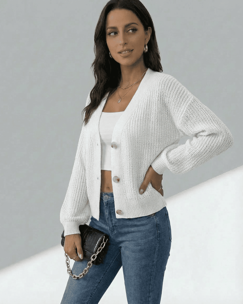 Elara Cardigan by Lauven on a model, featuring lightweight knitwear and a stylish button-front design.