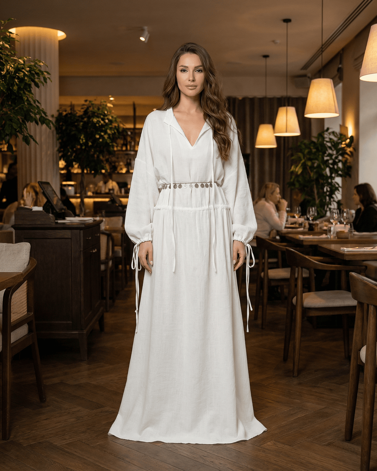 Elara Maxi Dress by Lauven, Cotton A-Line Maxi Dress with Adjustable Waist and Long Sleeves in elegant white design.