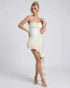 Elara Midi Dress by Lauven – Elegant satin A-Line midi dress with asymmetric ruffle hem.