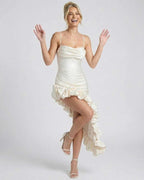 Elara Midi Dress by Lauven - Elegant satin midi dress with asymmetric ruffle hem and flattering fit.