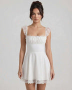 Elara Mini Dress by Lauven featuring lace cap sleeves and A-line silhouette in refined white.