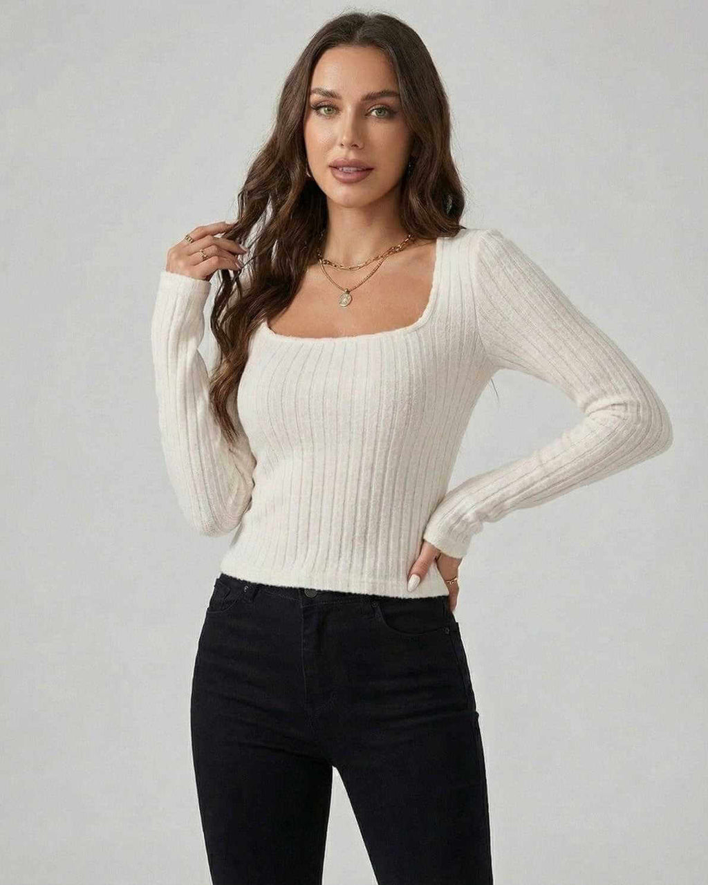 Elara Pullover by Lauven – Women's white ribbed knit pullover sweater with long sleeves and square neckline.