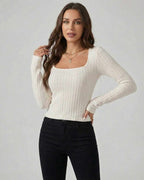 Elara Pullover by Lauven – Women's white ribbed knit pullover sweater with long sleeves and square neckline.