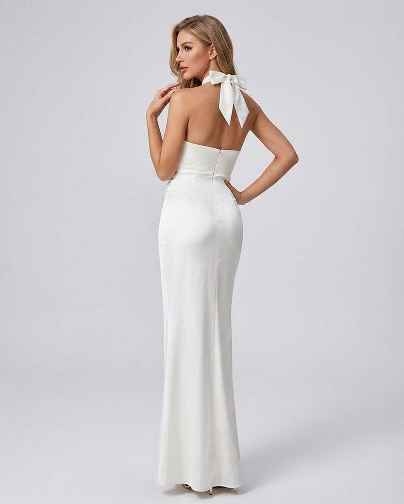 Elysia Maxi Dress by Lauven, showcasing a halter neck and sleek back design in solid white.