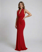 Elysia Maxi Dress by Lauven, red satin floor-length sheath dress with draped halter neck, stylish and sophisticated.