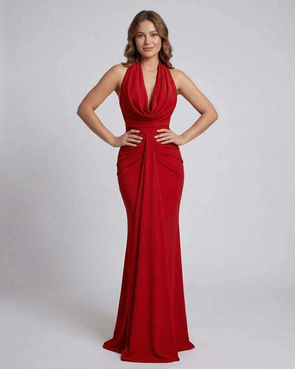 Elysia Maxi Dress by Lauven, red satin floor-length sheath with draped halter neck and elegant silhouette.