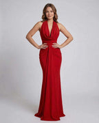 Elysia Maxi Dress by Lauven, red satin floor-length sheath with draped halter neck and elegant silhouette.