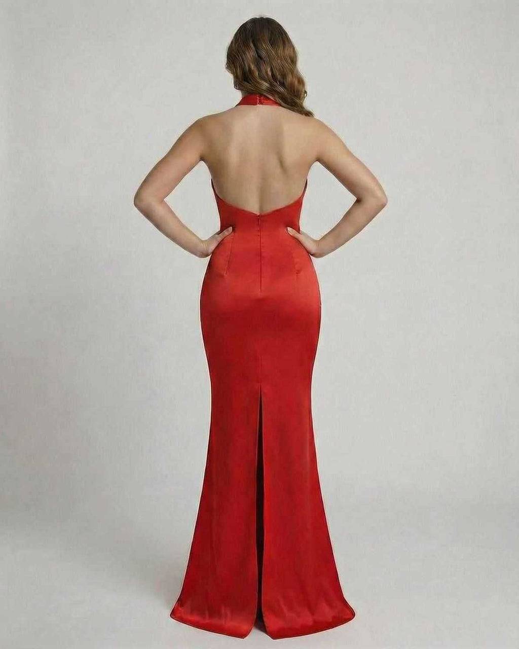 Elysia Maxi Dress by Lauven showing the back view of a red satin floor-length sheath dress.