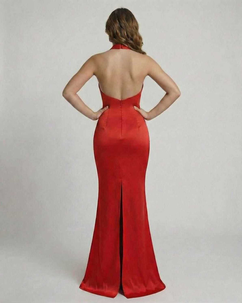 Elysia Maxi Dress by Lauven showing the back view of a red satin floor-length sheath dress.
