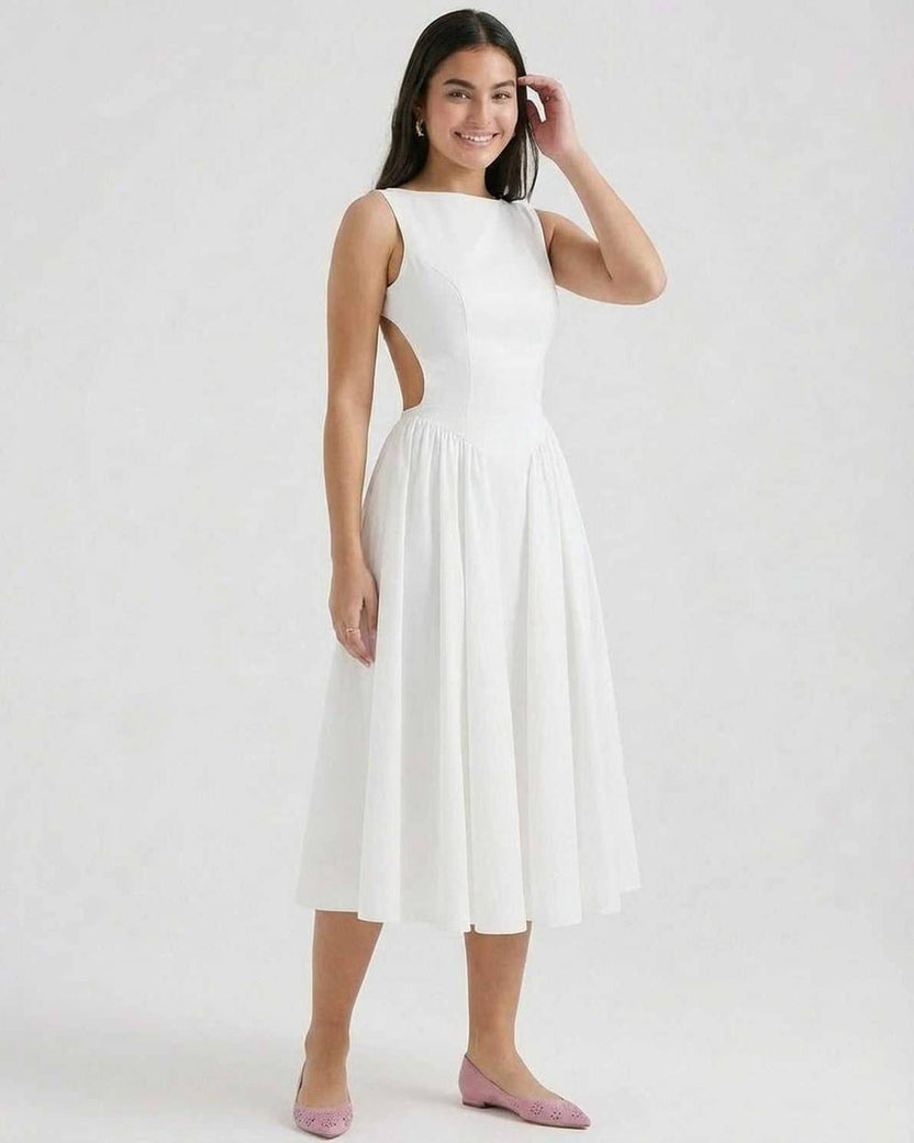 Elysia Midi Dress by Lauven, elegant A-Line midi with open back, flattering silhouette for special occasions.