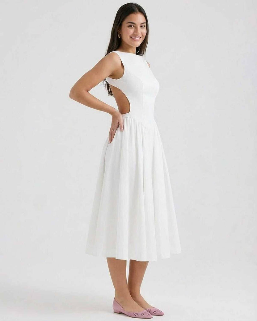 Elysia Midi Dress by Lauven - Elegant A-Line Midi with Open Back Detail and flattering silhouette.