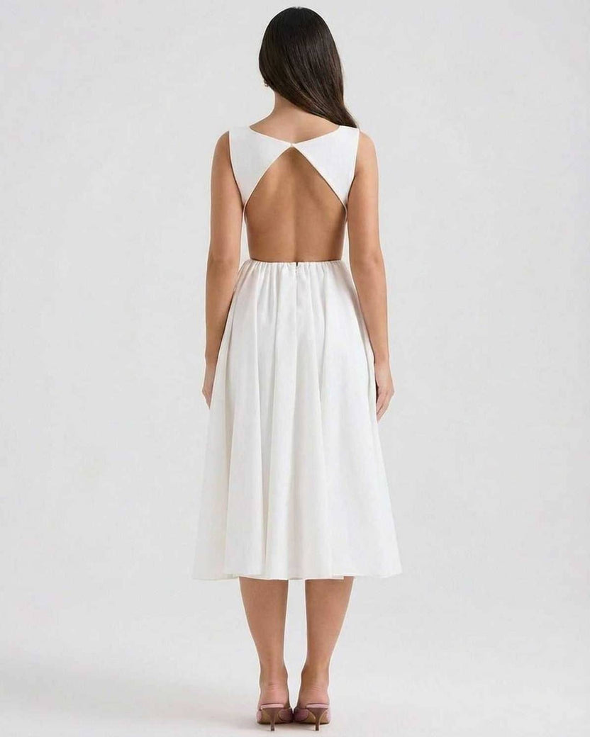 Elysia Midi Dress by Lauven, showcasing elegant A-line design with open back detail in white.