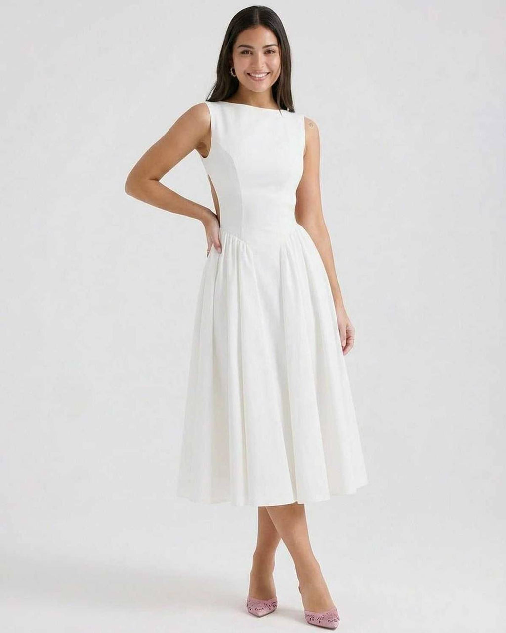 Elysia Midi Dress by Lauven, elegant A-line midi with open back detail, perfect for special occasions.