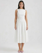 Elysia Midi Dress by Lauven, featuring a sleeveless design and open back detail for elegant events.
