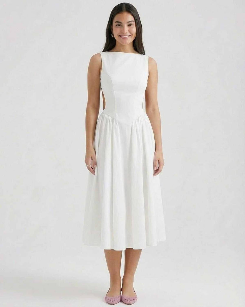 Elysia Midi Dress by Lauven, featuring a sleeveless design and open back detail for elegant events.