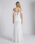 Elysian Maxi Dress by Lauven, showcasing the elegant back lace-up design of this off-shoulder dress.