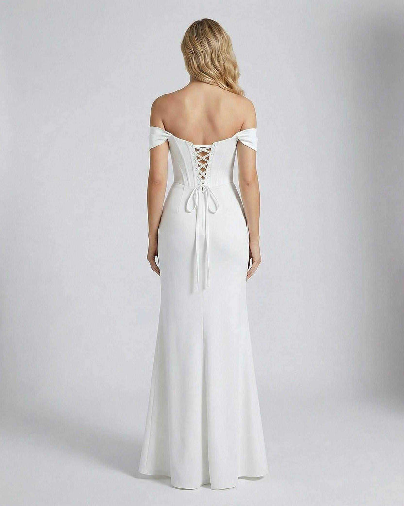 Elysian Maxi Dress by Lauven, showcasing the elegant back lace-up design of this off-shoulder dress.