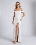 Elysian Maxi Dress by Lauven featuring an off-shoulder corset bodice and elegant thigh-high slit.