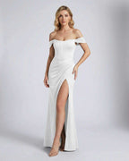 Elysian Maxi Dress by Lauven featuring an off-shoulder corset bodice and elegant thigh-high slit.