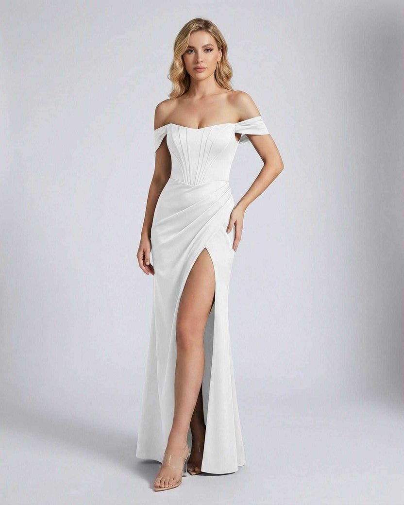 Elysian Maxi Dress by Lauven featuring an off-shoulder corset bodice and elegant thigh-high slit.