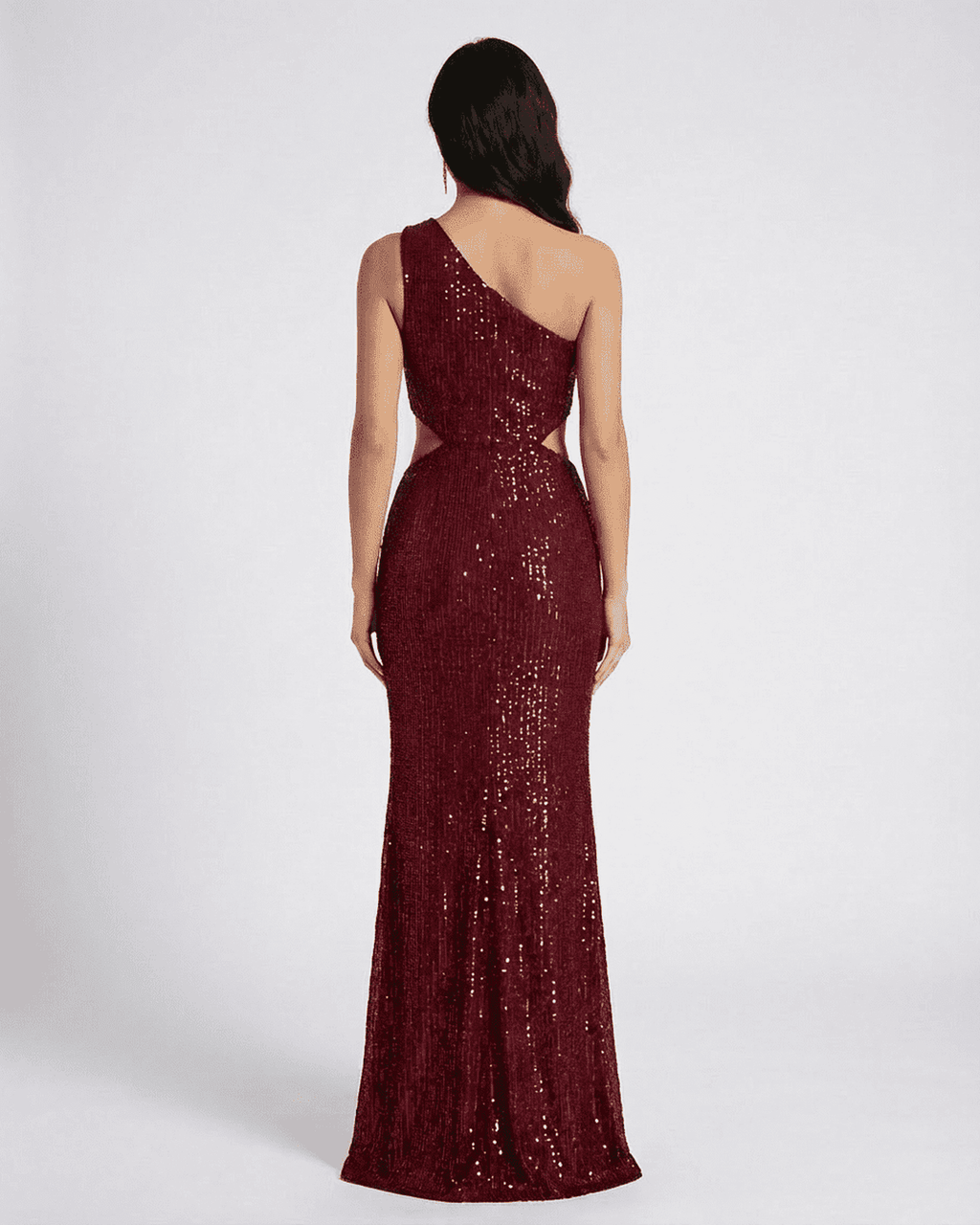 Ember Maxi Dress by Lauven, showcasing a stunning one-shoulder design with shimmering sequins from the back.