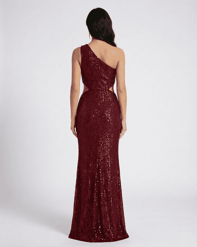 Ember Maxi Dress by Lauven, showcasing a stunning one-shoulder design with shimmering sequins from the back.
