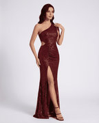 Lauven Ember Maxi Dress featuring a one-shoulder design, sequin embellishments, and a thigh-high slit.