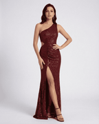 Ember Maxi Dress by Lauven, one shoulder sequin party dress highlighting a thigh-high slit and modern silhouette.